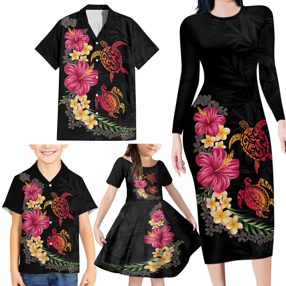 Hawaiian Flower and Tribal Turtle Family Matching Long Sleeve Bodycon Dress and Hawaiian Shirt Colorful Style