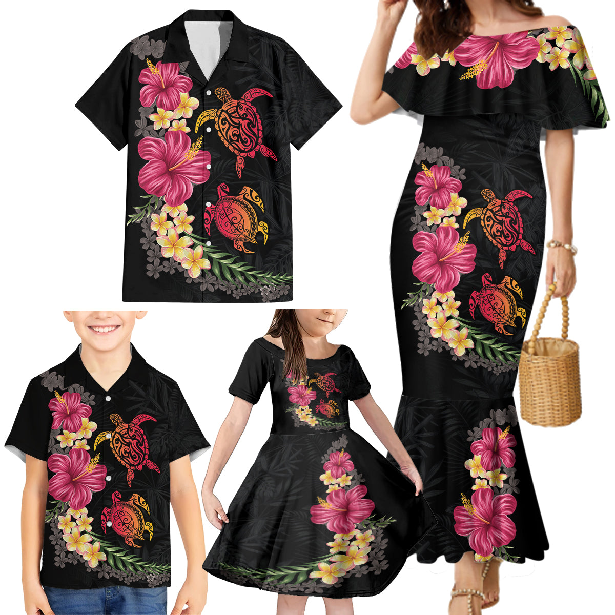 Hawaiian Flower and Tribal Turtle Family Matching Mermaid Dress and Hawaiian Shirt Colorful Style