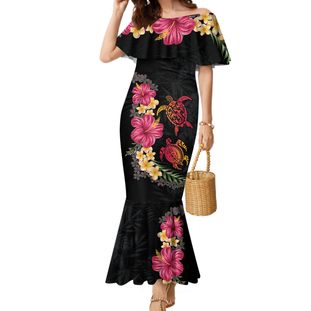Hawaiian Flower and Tribal Turtle Family Matching Mermaid Dress and Hawaiian Shirt Colorful Style