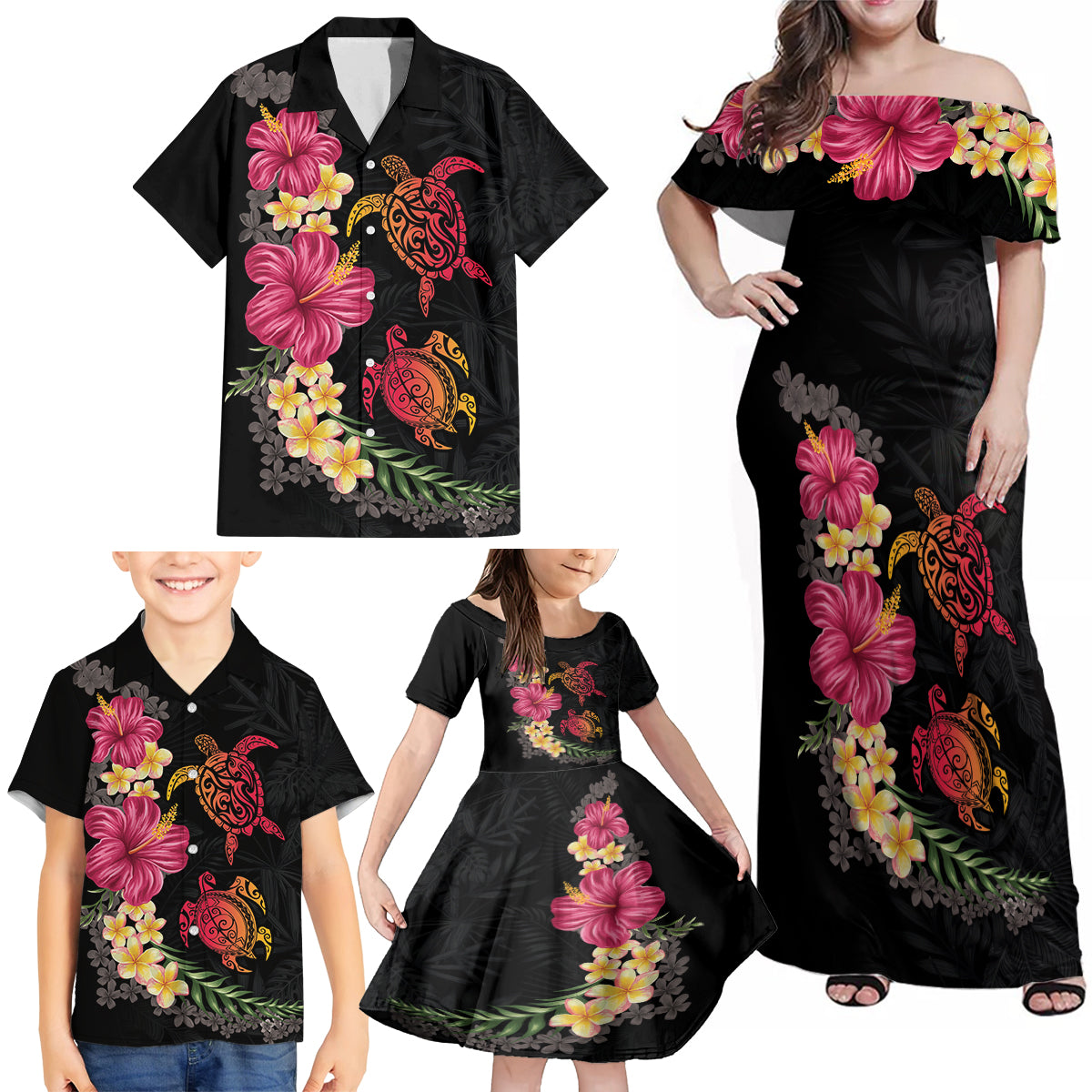 Hawaiian Flower and Tribal Turtle Family Matching Off Shoulder Maxi Dress and Hawaiian Shirt Colorful Style LT03 - Polynesian Pride