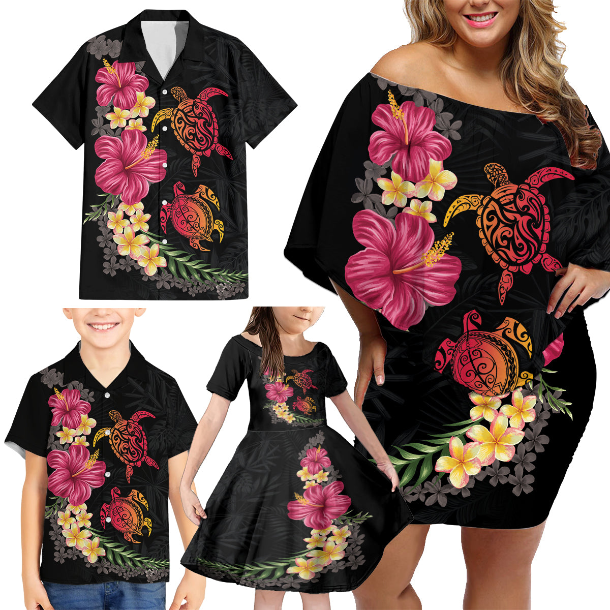 Hawaiian Flower and Tribal Turtle Family Matching Off Shoulder Short Dress and Hawaiian Shirt Colorful Style