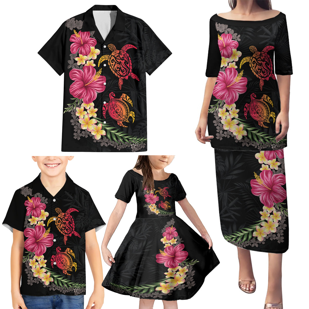 Hawaiian Flower and Tribal Turtle Family Matching Puletasi and Hawaiian Shirt Colorful Style