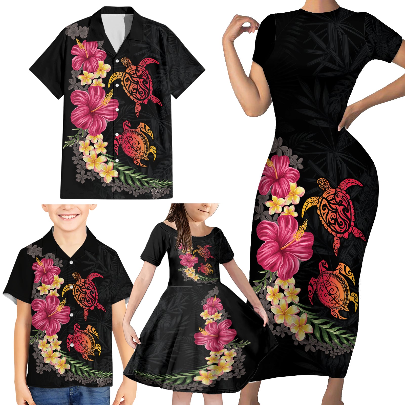 Hawaiian Flower and Tribal Turtle Family Matching Short Sleeve Bodycon Dress and Hawaiian Shirt Colorful Style