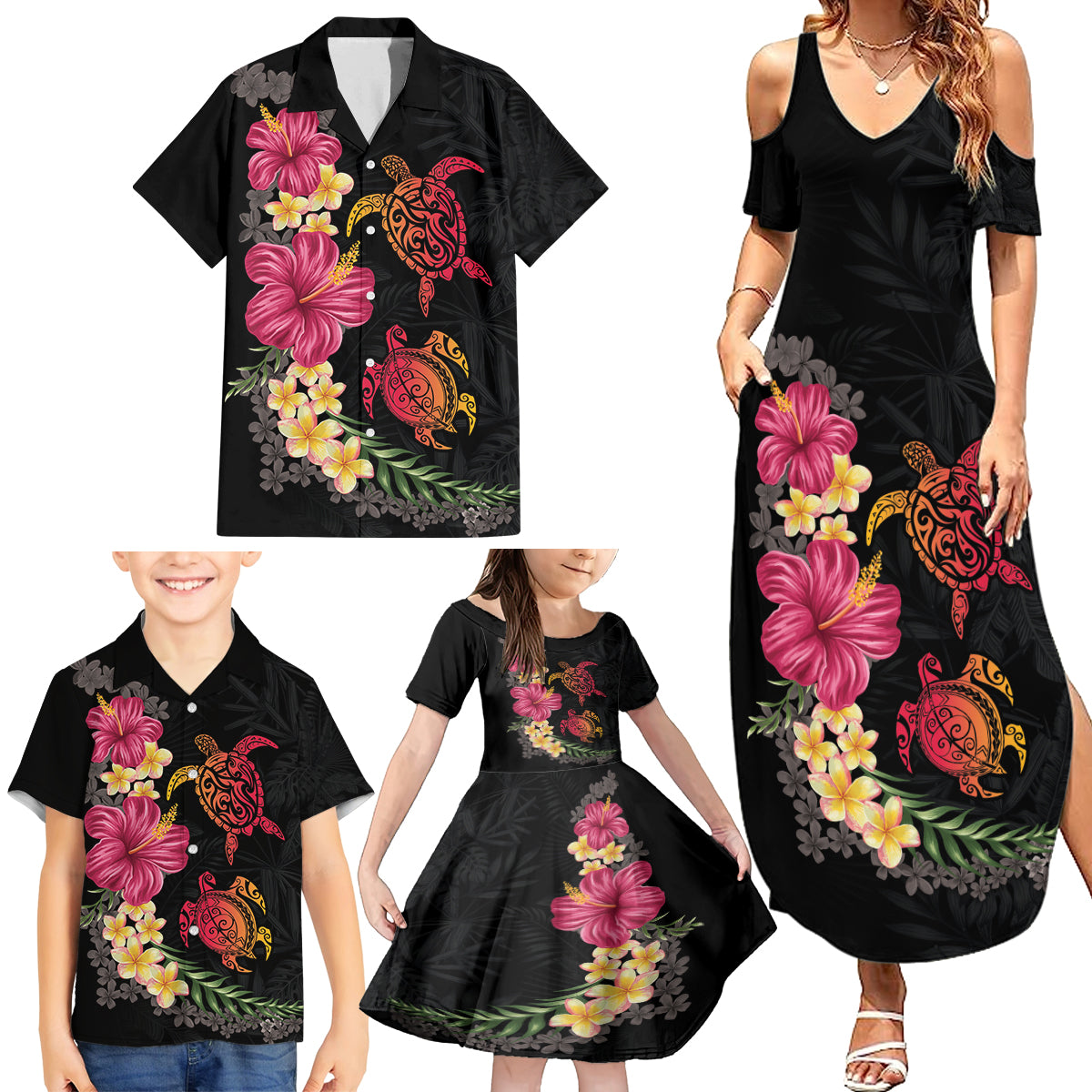 Hawaiian Flower and Tribal Turtle Family Matching Summer Maxi Dress and Hawaiian Shirt Colorful Style