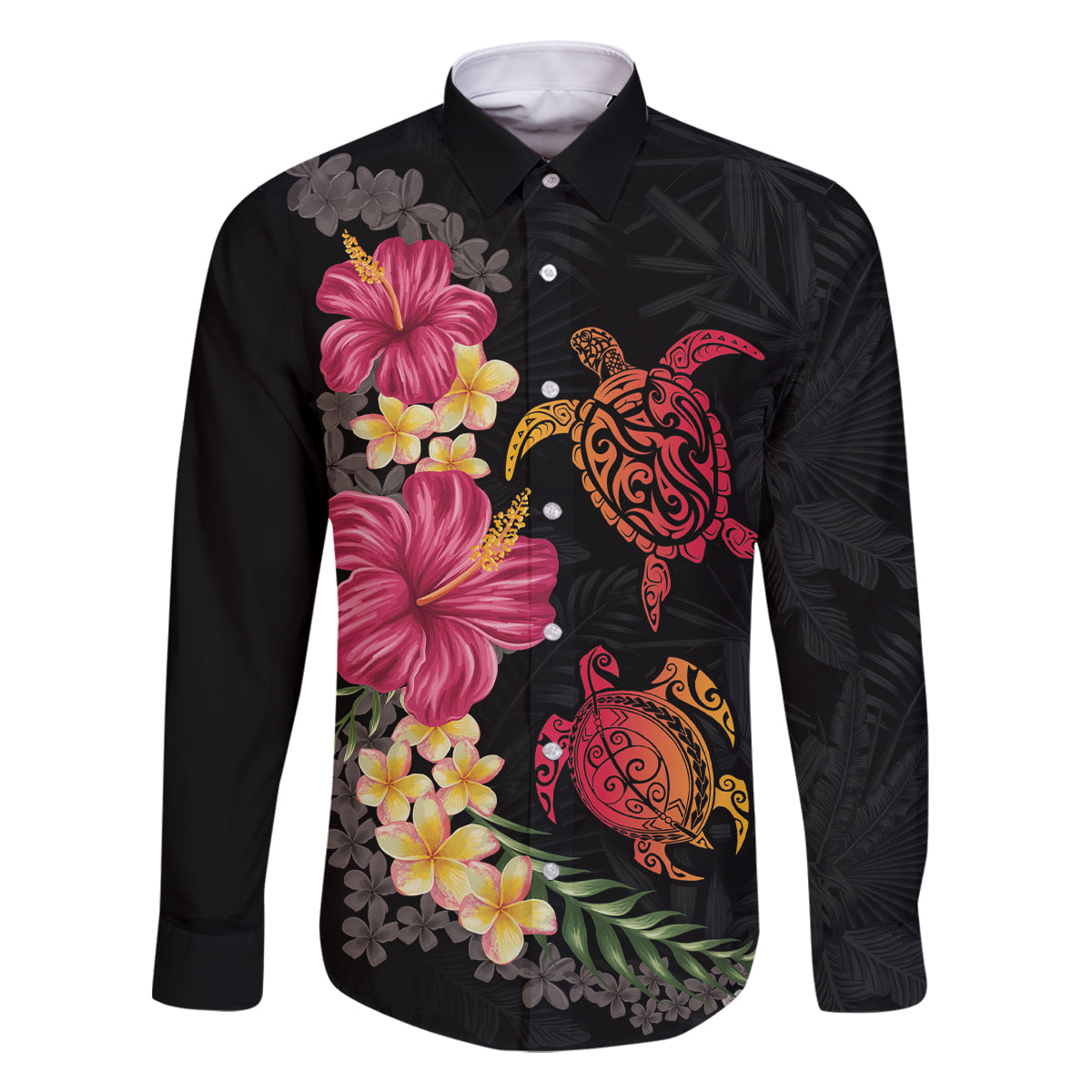 Hawaiian Flower and Tribal Turtle Family Matching Summer Maxi Dress and Hawaiian Shirt Colorful Style LT03 Dad's Shirt - Long Sleeve Black - Polynesian Pride