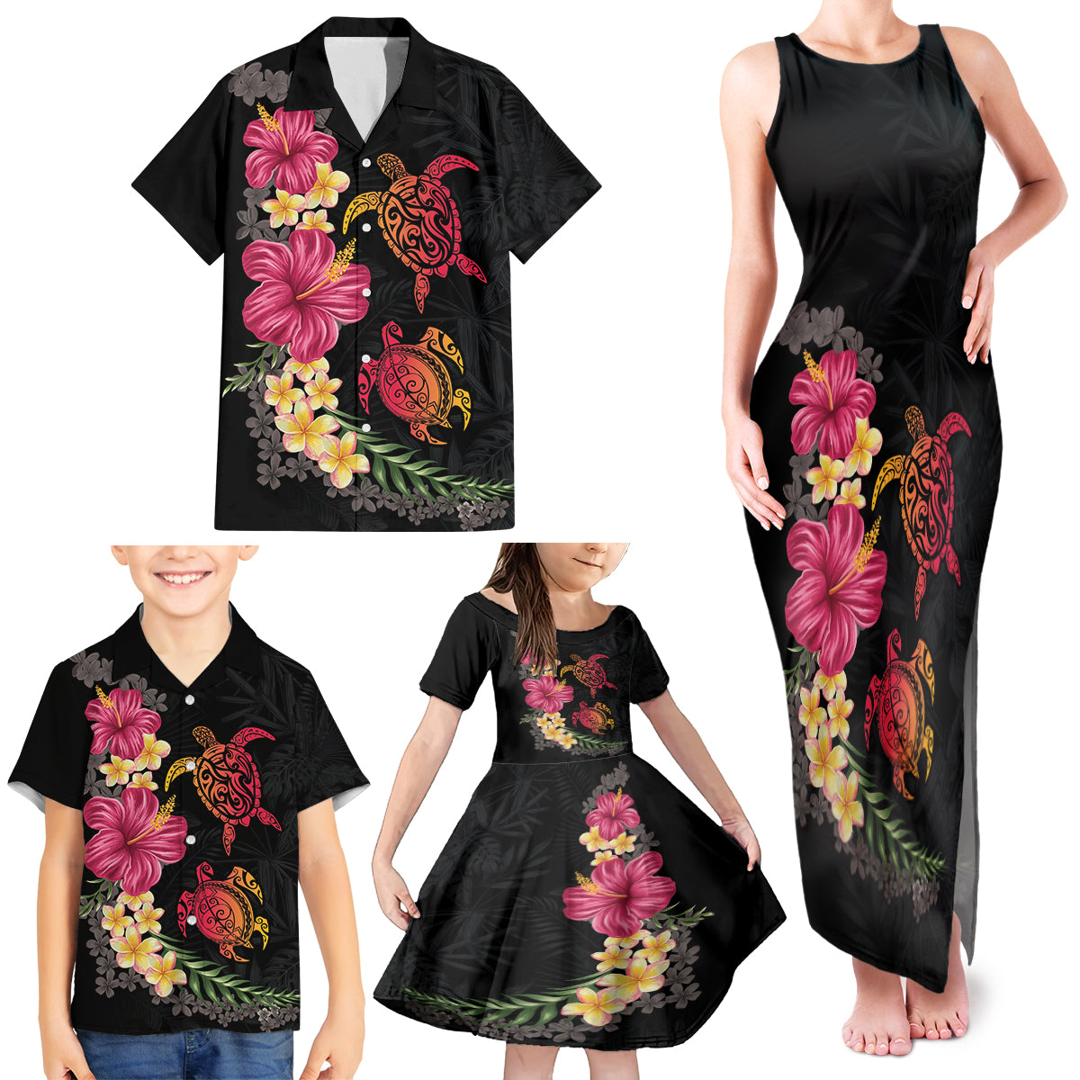 Hawaiian Flower and Tribal Turtle Family Matching Tank Maxi Dress and Hawaiian Shirt Colorful Style LT03 - Polynesian Pride