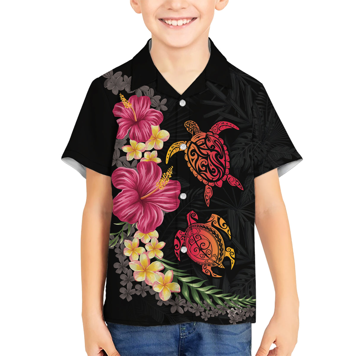 Hawaiian Flower and Tribal Turtle Kid Hawaiian Shirt Colorful Style LT03 Kid Black - Polynesian Pride