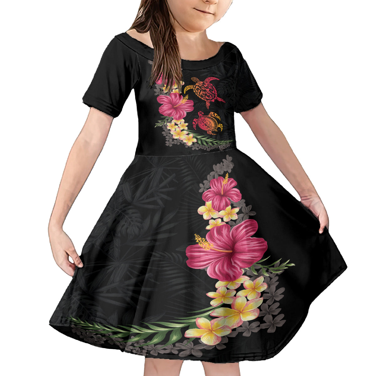 Hawaiian Flower and Tribal Turtle Kid Short Sleeve Dress Colorful Style LT03 KID Black - Polynesian Pride