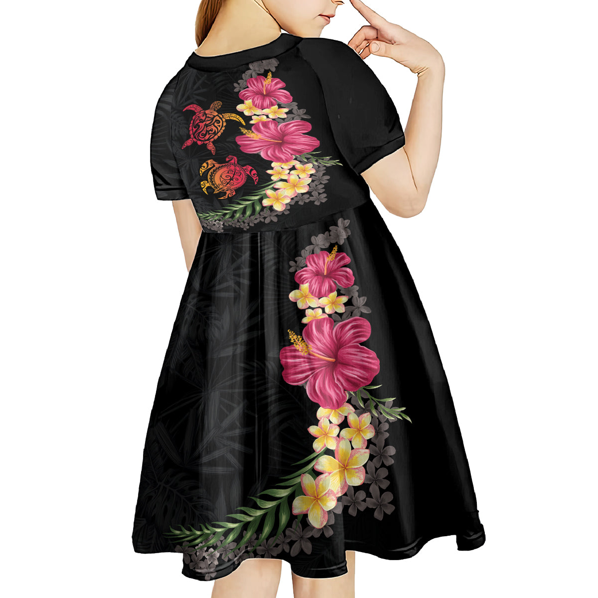 Hawaiian Flower and Tribal Turtle Kid Short Sleeve Dress Colorful Style LT03 - Polynesian Pride