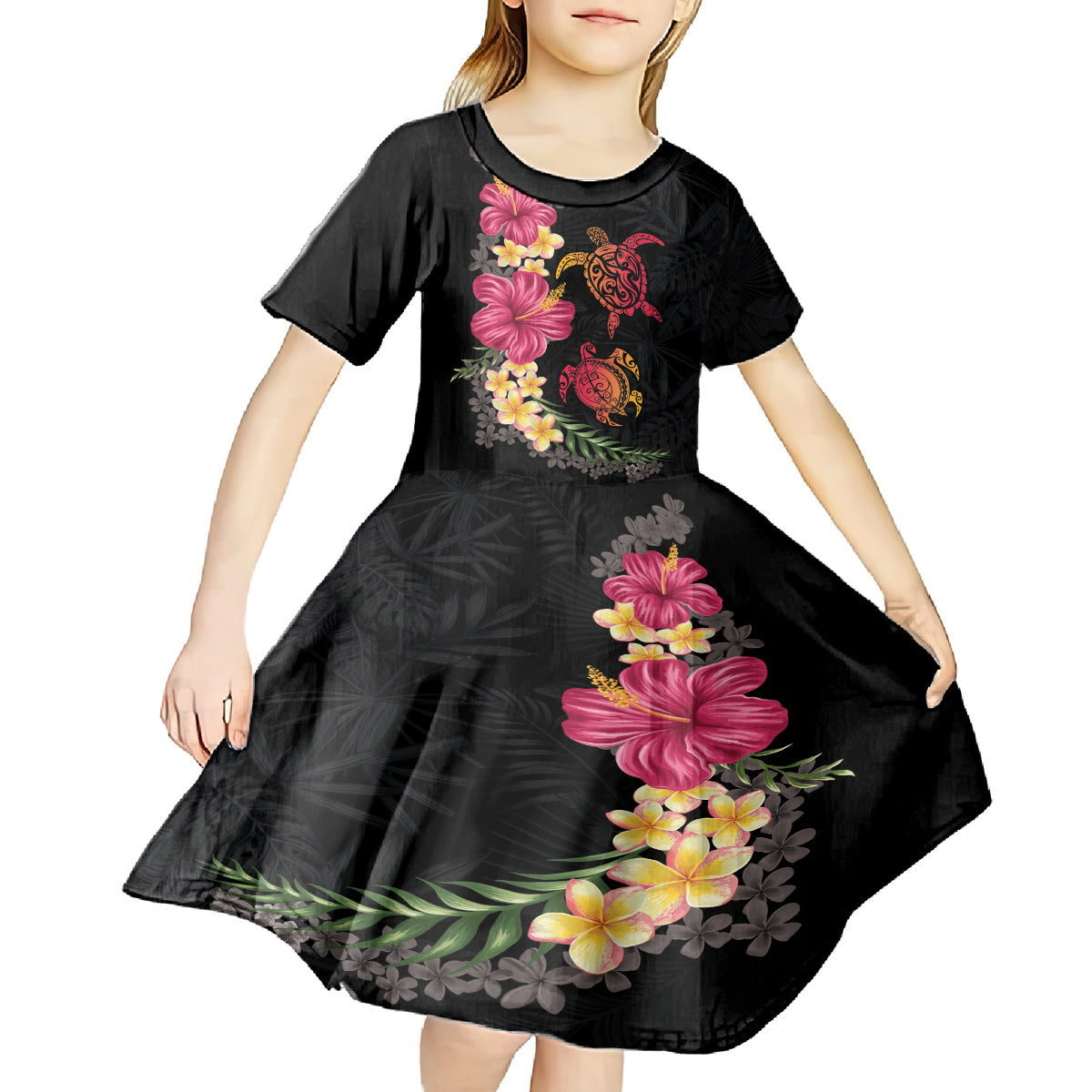 Hawaiian Flower and Tribal Turtle Kid Short Sleeve Dress Colorful Style LT03 - Polynesian Pride