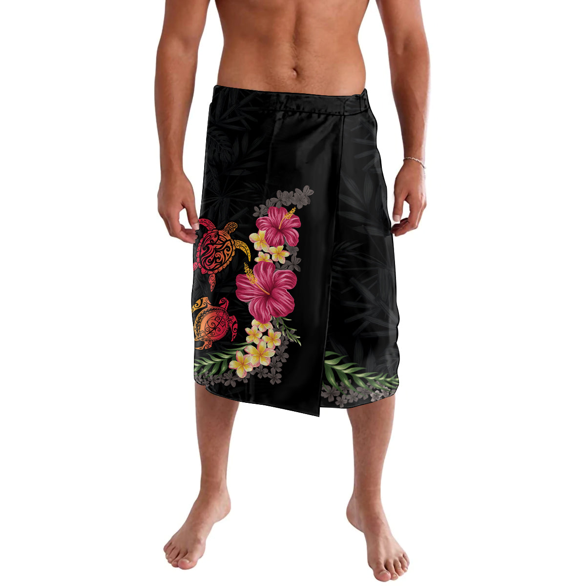 Hawaiian Flower and Tribal Turtle Lavalava Colorful Style LT03 Black - Polynesian Pride