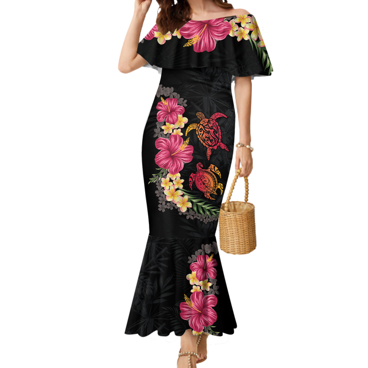 Hawaiian Flower and Tribal Turtle Mermaid Dress Colorful Style