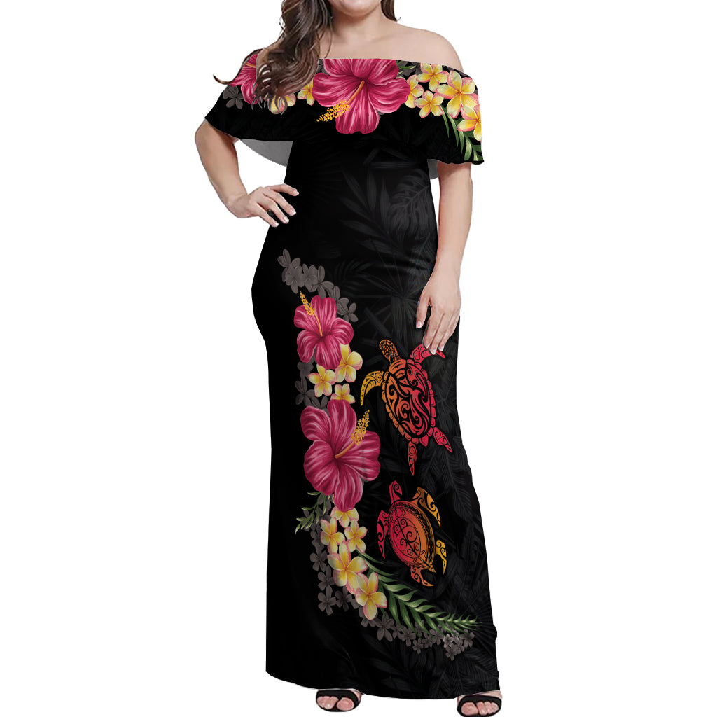 Hawaiian Flower and Tribal Turtle Off Shoulder Maxi Dress Colorful Style LT03 Women Black - Polynesian Pride