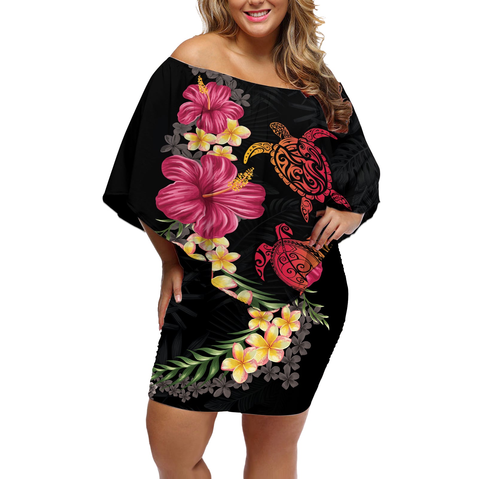 Hawaiian Flower and Tribal Turtle Off Shoulder Short Dress Colorful Style