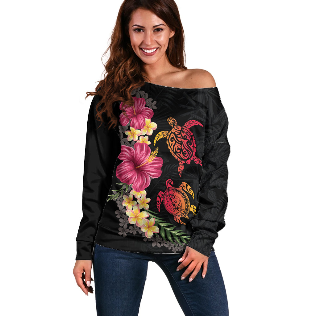 Hawaiian Flower and Tribal Turtle Off Shoulder Sweater Colorful Style