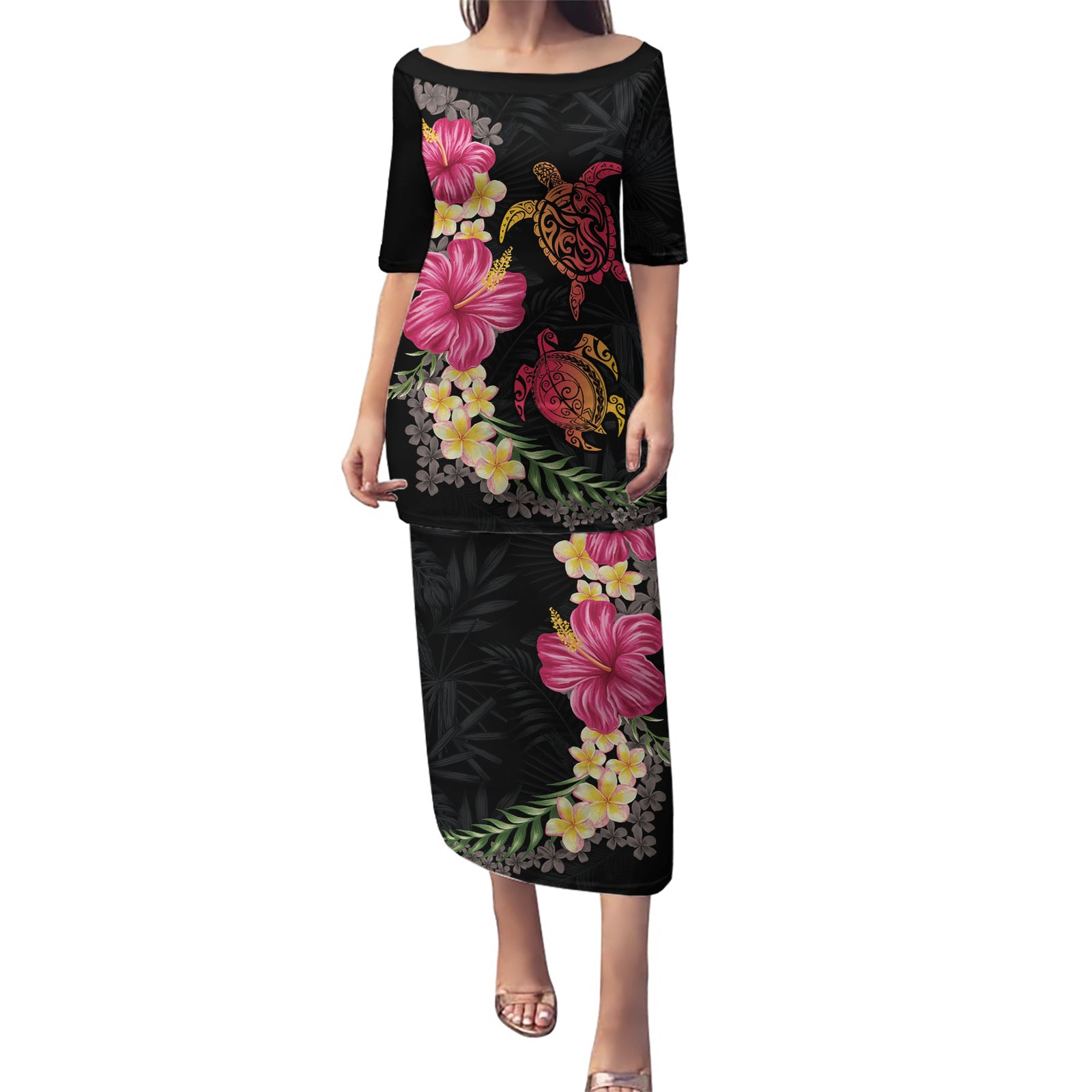 Hawaiian Flower and Tribal Turtle Puletasi Colorful Style LT03 Long Dress Black - Polynesian Pride