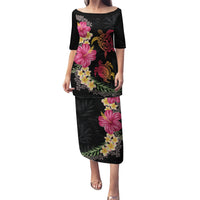Hawaiian Flower and Tribal Turtle Puletasi Colorful Style LT03 Long Dress Black - Polynesian Pride