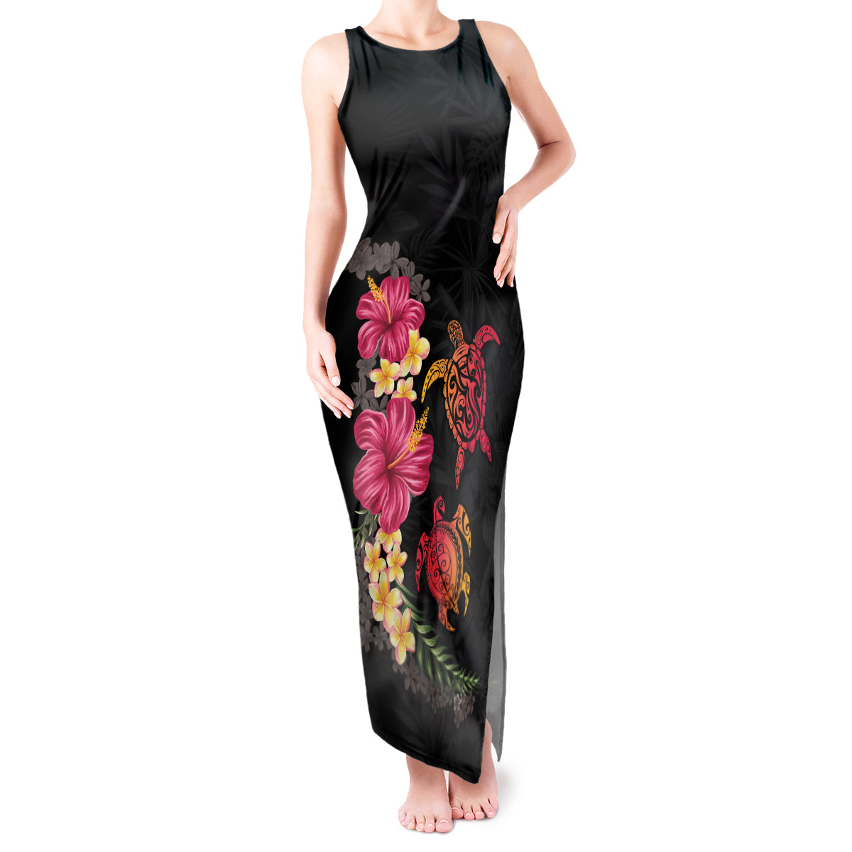 Hawaiian Flower and Tribal Turtle Tank Maxi Dress Colorful Style