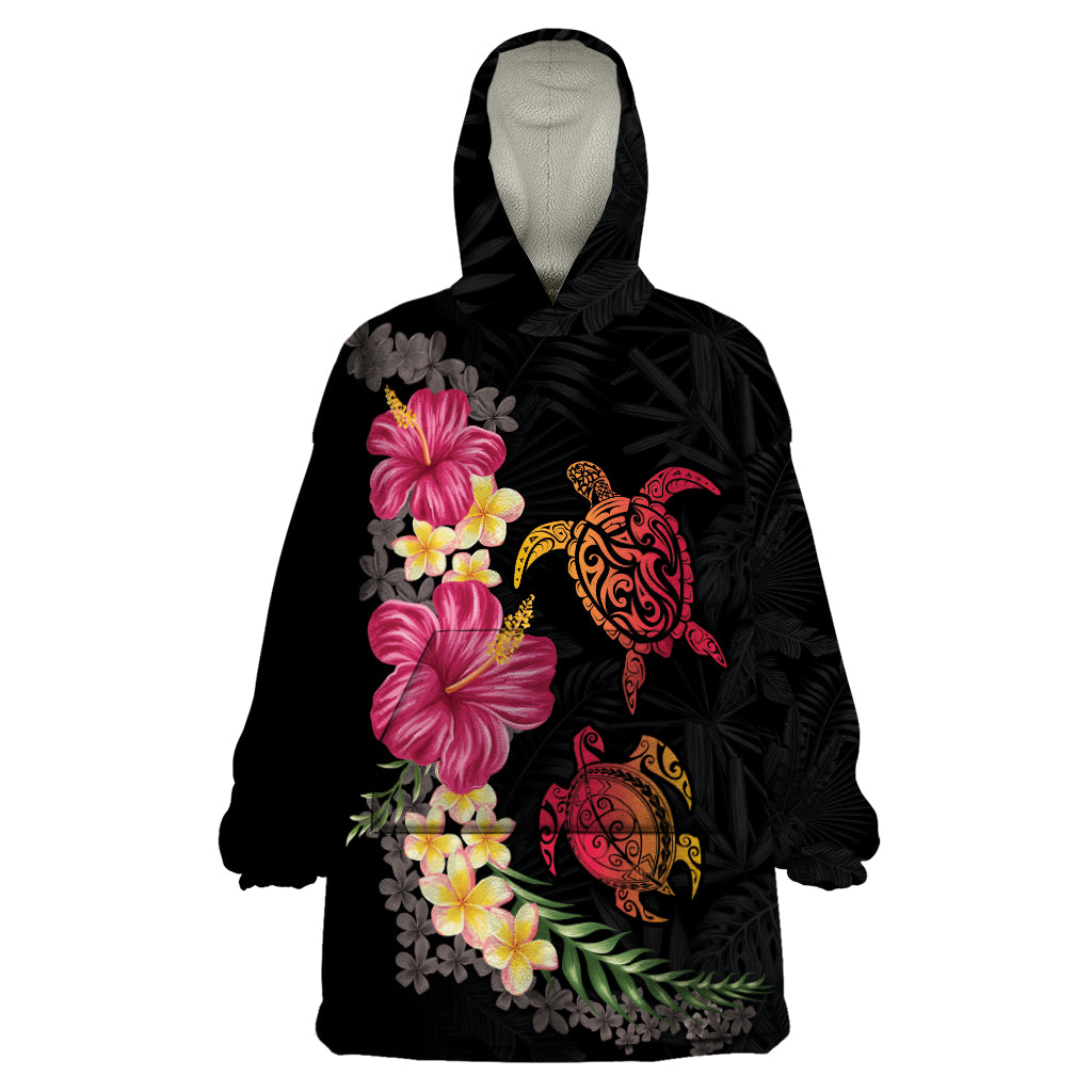 Hawaiian Flower and Tribal Turtle Wearable Blanket Hoodie Colorful Style LT03 One Size Black - Polynesian Pride