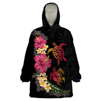 Hawaiian Flower and Tribal Turtle Wearable Blanket Hoodie Colorful Style LT03 One Size Black - Polynesian Pride