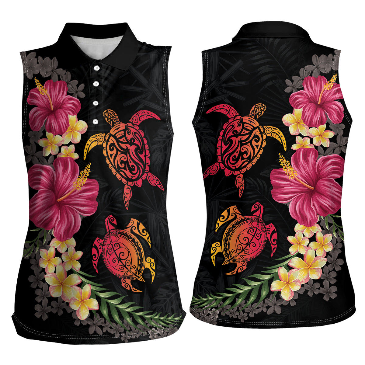 Hawaiian Flower and Tribal Turtle Women Sleeveless Polo Shirt Colorful Style