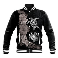 Hawaiian Flower and Tribal Turtle Baseball Jacket Grayscale Mode LT03 Unisex Black - Polynesian Pride