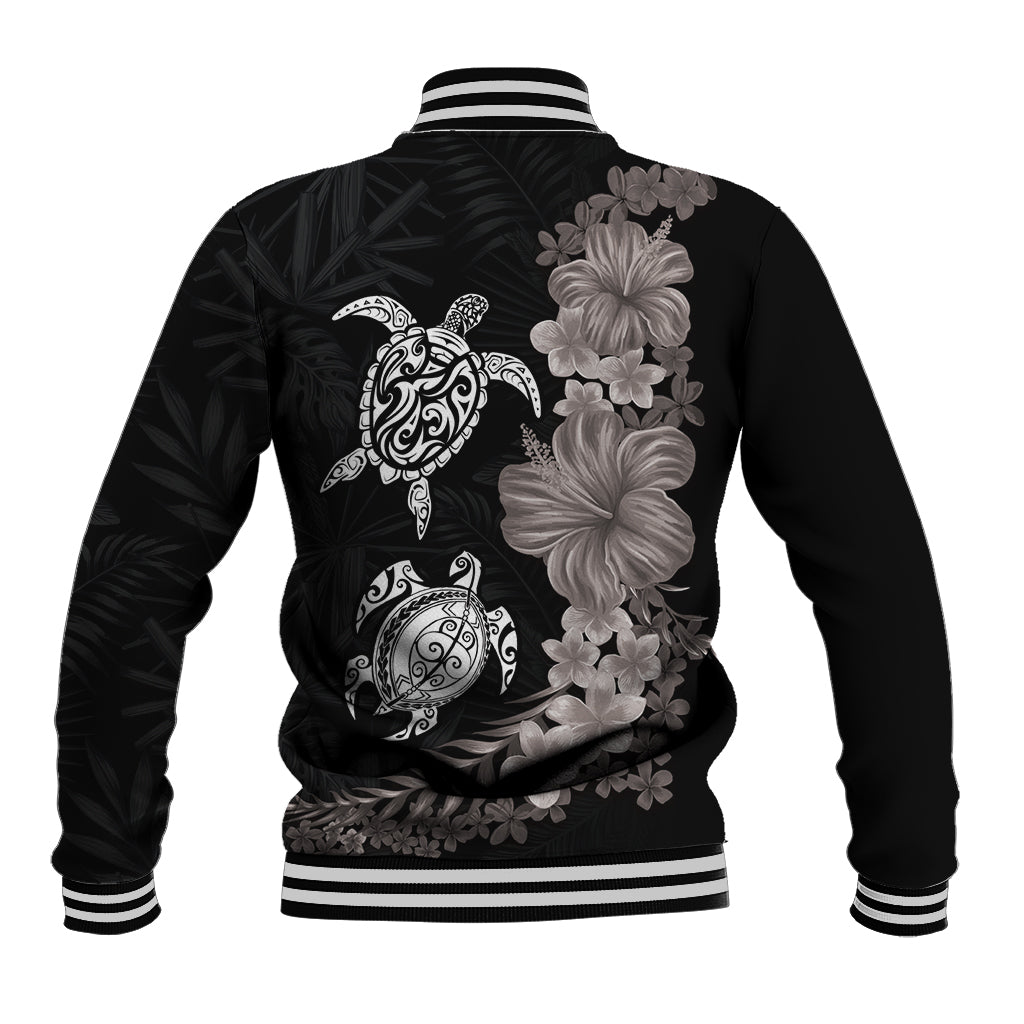 Hawaiian Flower and Tribal Turtle Baseball Jacket Grayscale Mode LT03 - Polynesian Pride