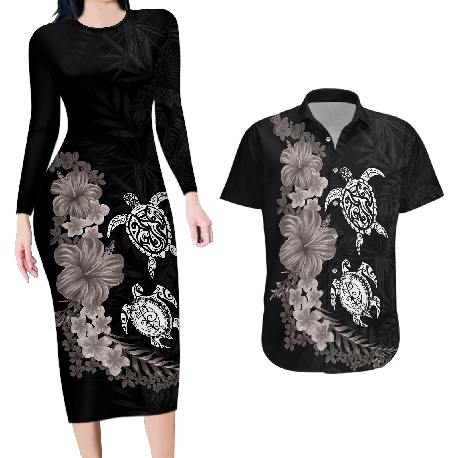 Hawaiian Flower and Tribal Turtle Couples Matching Long Sleeve Bodycon Dress and Hawaiian Shirt Grayscale Mode