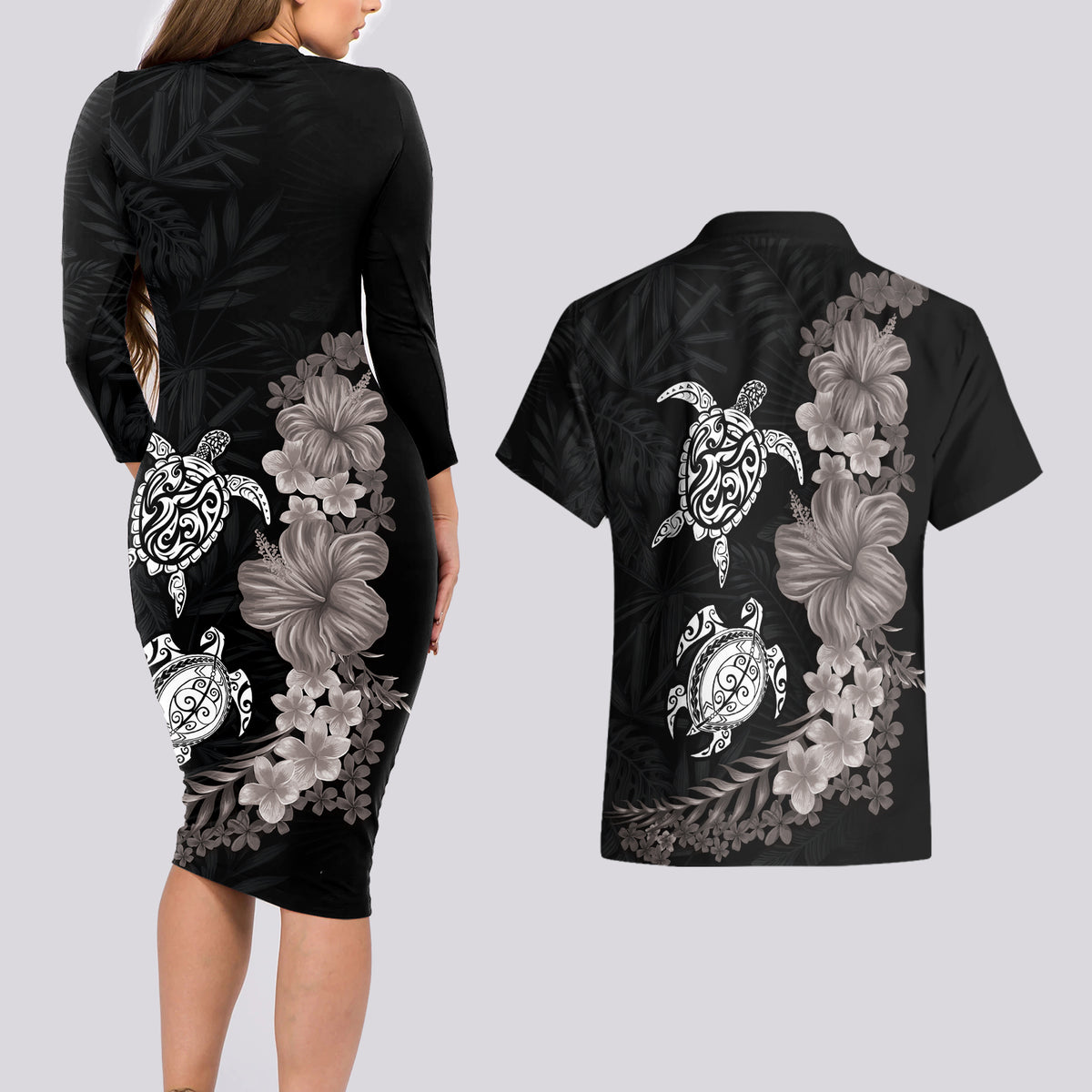 Hawaiian Flower and Tribal Turtle Couples Matching Long Sleeve Bodycon Dress and Hawaiian Shirt Grayscale Mode LT03 - Polynesian Pride