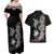 Hawaiian Flower and Tribal Turtle Couples Matching Off Shoulder Maxi Dress and Hawaiian Shirt Grayscale Mode