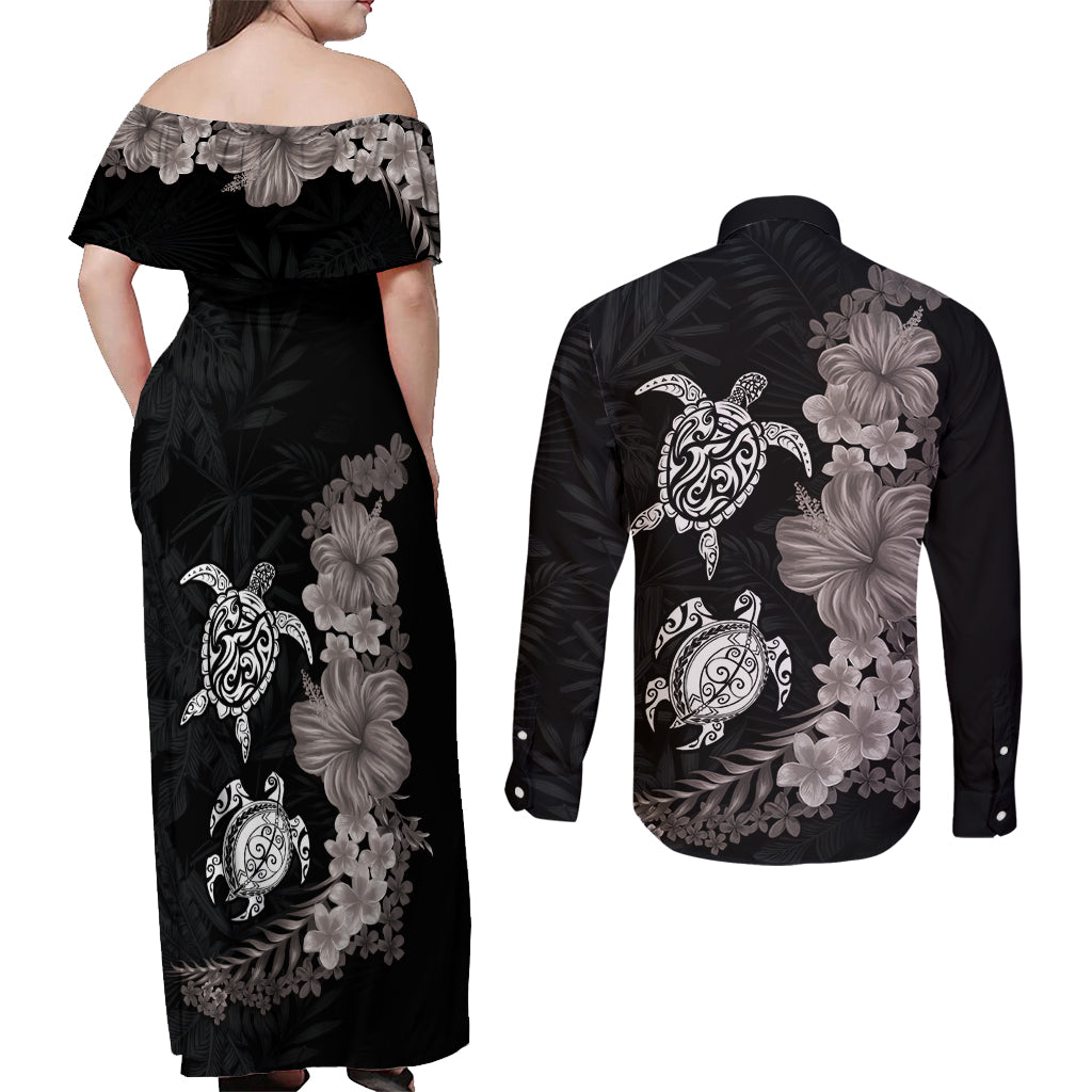 Hawaiian Flower and Tribal Turtle Couples Matching Off Shoulder Maxi Dress and Long Sleeve Button Shirt Grayscale Mode LT03 - Polynesian Pride