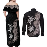 Hawaiian Flower and Tribal Turtle Couples Matching Off Shoulder Maxi Dress and Long Sleeve Button Shirt Grayscale Mode LT03 - Polynesian Pride