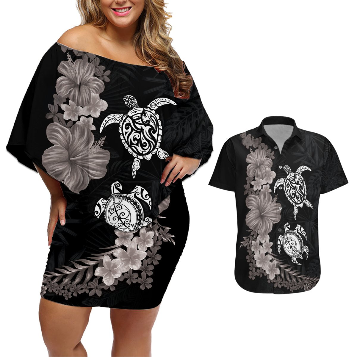 Hawaiian Flower and Tribal Turtle Couples Matching Off Shoulder Short Dress and Hawaiian Shirt Grayscale Mode LT03 Black - Polynesian Pride