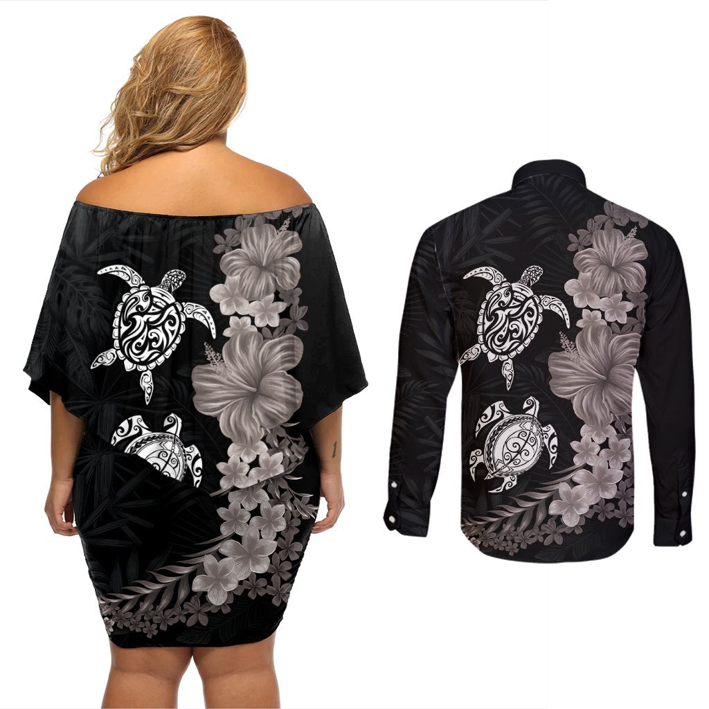 Hawaiian Flower and Tribal Turtle Couples Matching Off Shoulder Short Dress and Long Sleeve Button Shirt Grayscale Mode LT03 - Polynesian Pride