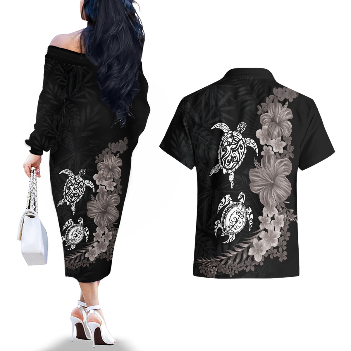 Hawaiian Flower and Tribal Turtle Couples Matching Off The Shoulder Long Sleeve Dress and Hawaiian Shirt Grayscale Mode LT03 - Polynesian Pride