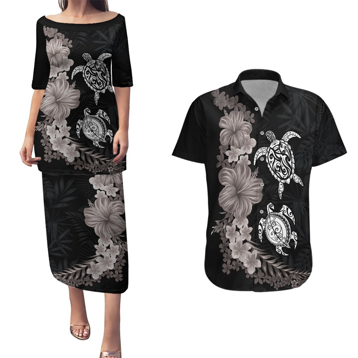 Hawaiian Flower and Tribal Turtle Couples Matching Puletasi and Hawaiian Shirt Grayscale Mode LT03 Black - Polynesian Pride