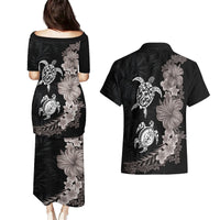 Hawaiian Flower and Tribal Turtle Couples Matching Puletasi and Hawaiian Shirt Grayscale Mode LT03 - Polynesian Pride