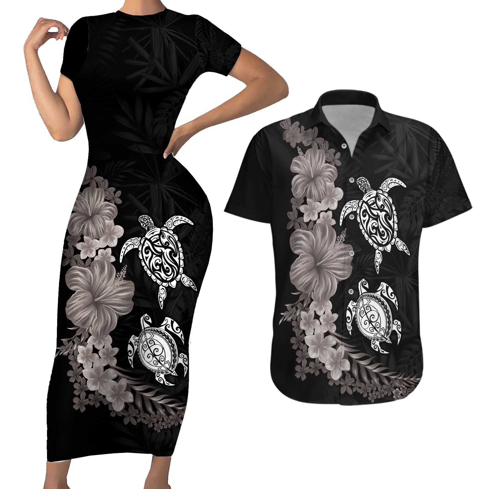 Hawaiian Flower and Tribal Turtle Couples Matching Short Sleeve Bodycon Dress and Hawaiian Shirt Grayscale Mode