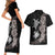 Hawaiian Flower and Tribal Turtle Couples Matching Short Sleeve Bodycon Dress and Hawaiian Shirt Grayscale Mode