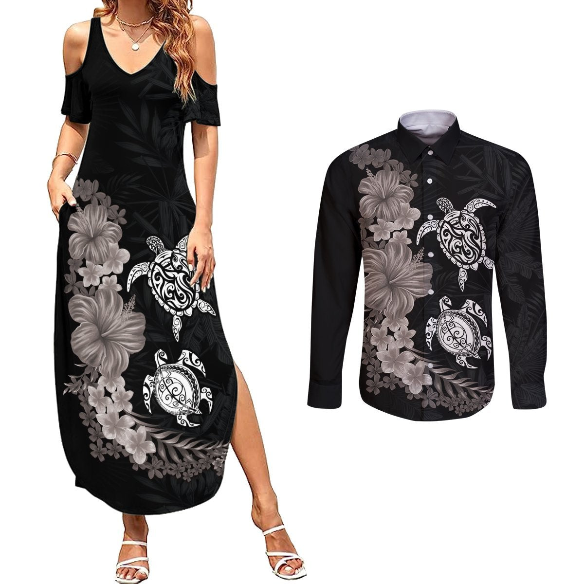 Hawaiian Flower and Tribal Turtle Couples Matching Summer Maxi Dress and Long Sleeve Button Shirt Grayscale Mode LT03 Black - Polynesian Pride