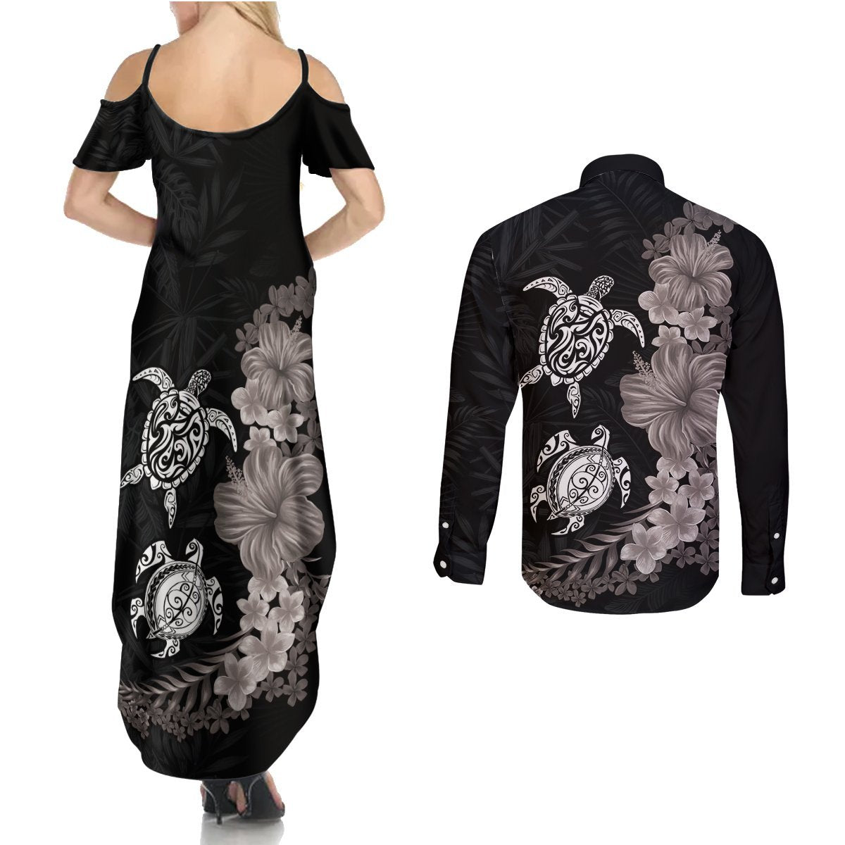Hawaiian Flower and Tribal Turtle Couples Matching Summer Maxi Dress and Long Sleeve Button Shirt Grayscale Mode LT03 - Polynesian Pride
