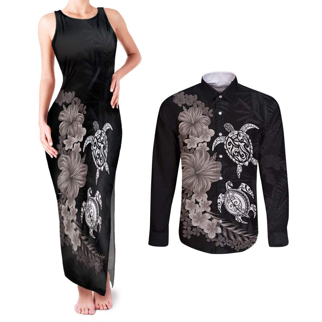 Hawaiian Flower and Tribal Turtle Couples Matching Tank Maxi Dress and Long Sleeve Button Shirt Grayscale Mode LT03 Black - Polynesian Pride