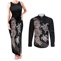 Hawaiian Flower and Tribal Turtle Couples Matching Tank Maxi Dress and Long Sleeve Button Shirt Grayscale Mode LT03 Black - Polynesian Pride