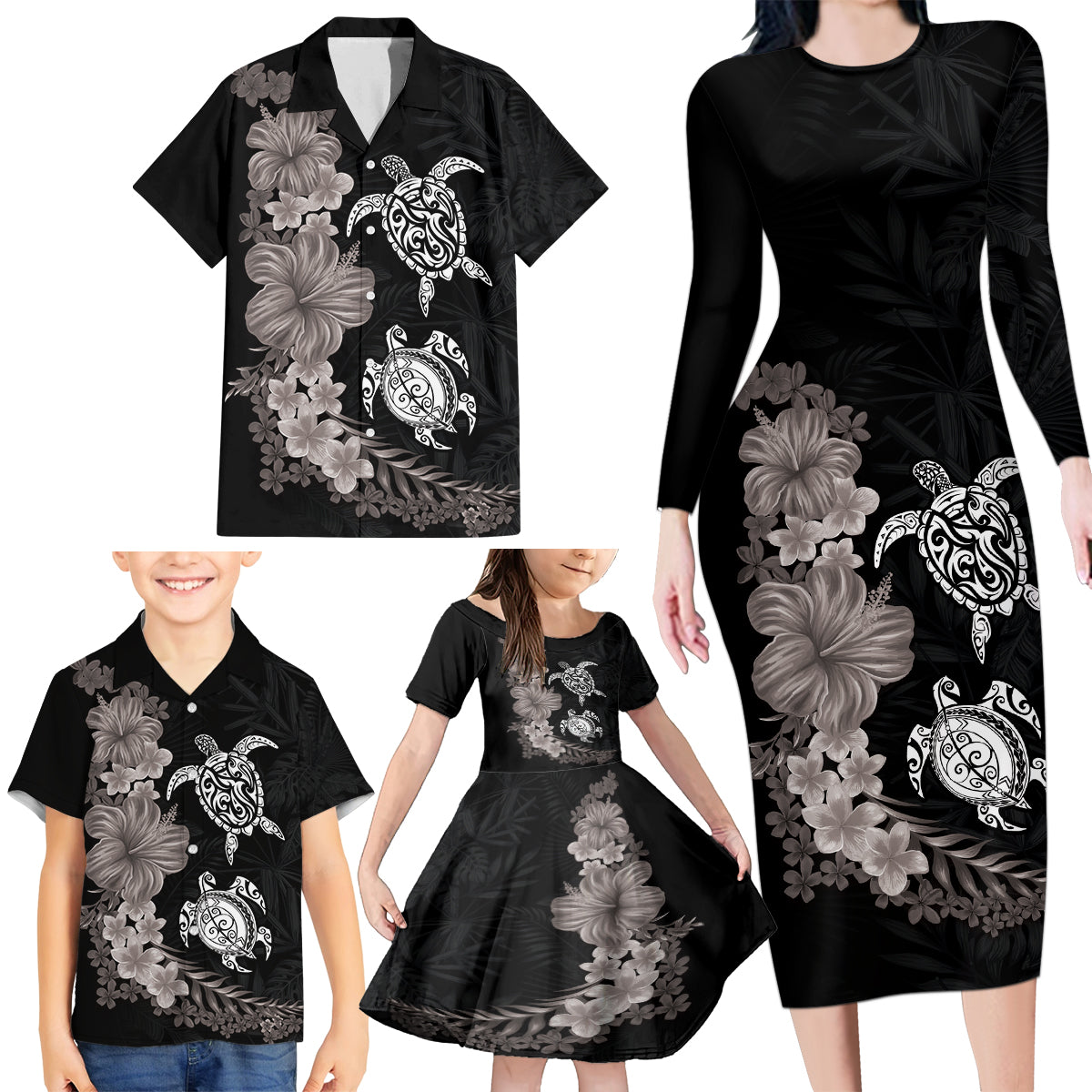 Hawaiian Flower and Tribal Turtle Family Matching Long Sleeve Bodycon Dress and Hawaiian Shirt Grayscale Mode