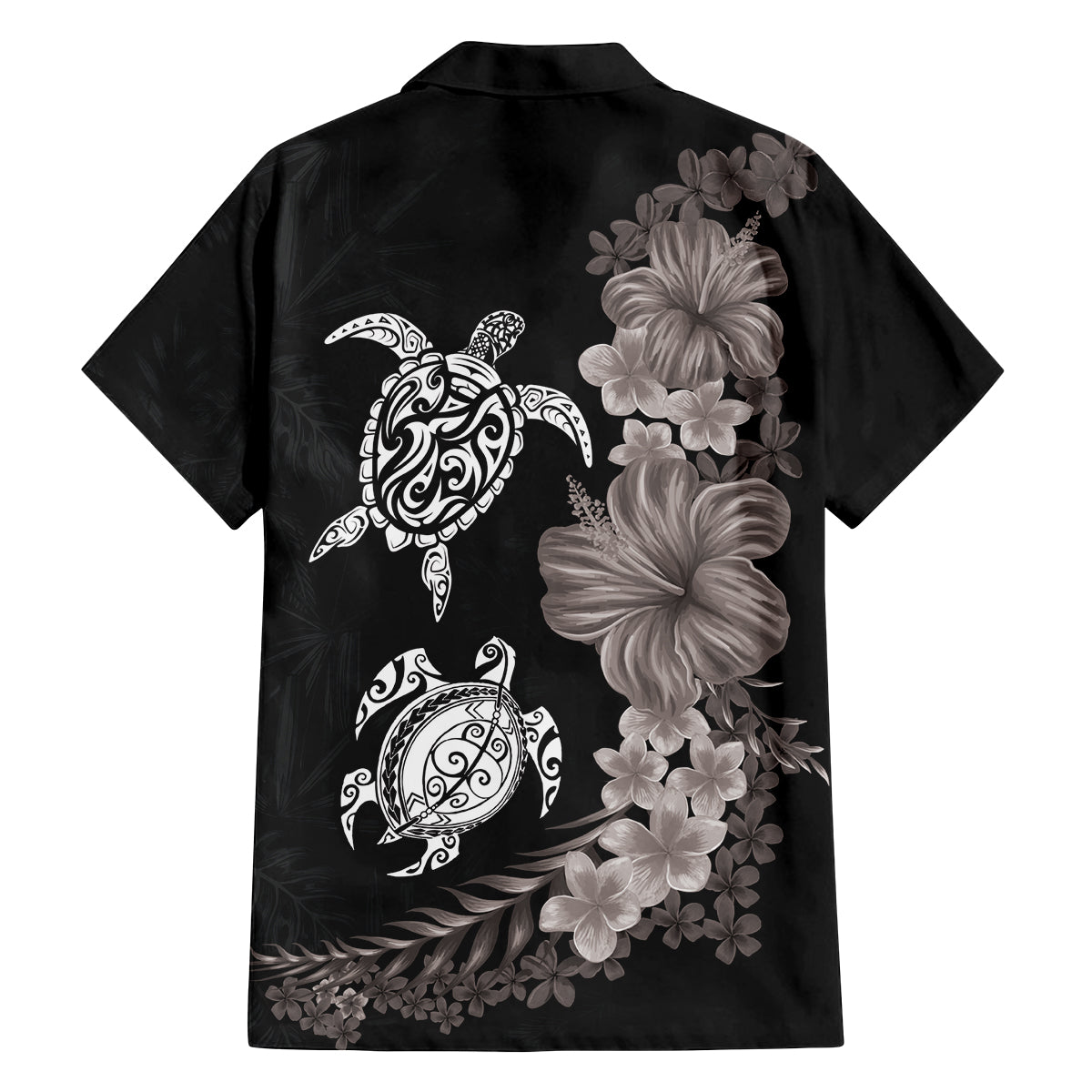 Hawaiian Flower and Tribal Turtle Family Matching Long Sleeve Bodycon Dress and Hawaiian Shirt Grayscale Mode