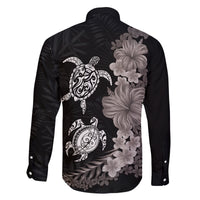 Hawaiian Flower and Tribal Turtle Family Matching Long Sleeve Bodycon Dress and Hawaiian Shirt Grayscale Mode