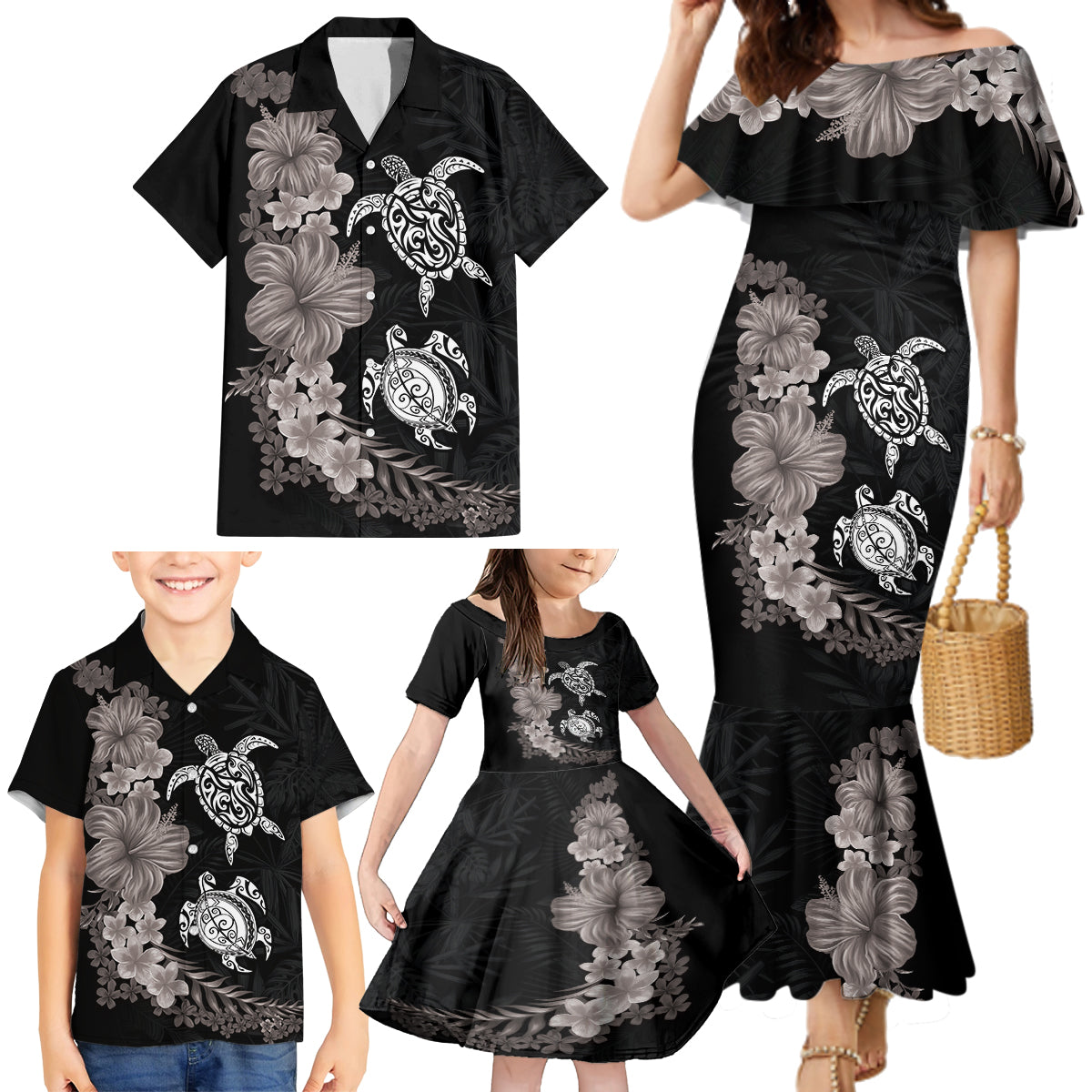 Hawaiian Flower and Tribal Turtle Family Matching Mermaid Dress and Hawaiian Shirt Grayscale Mode