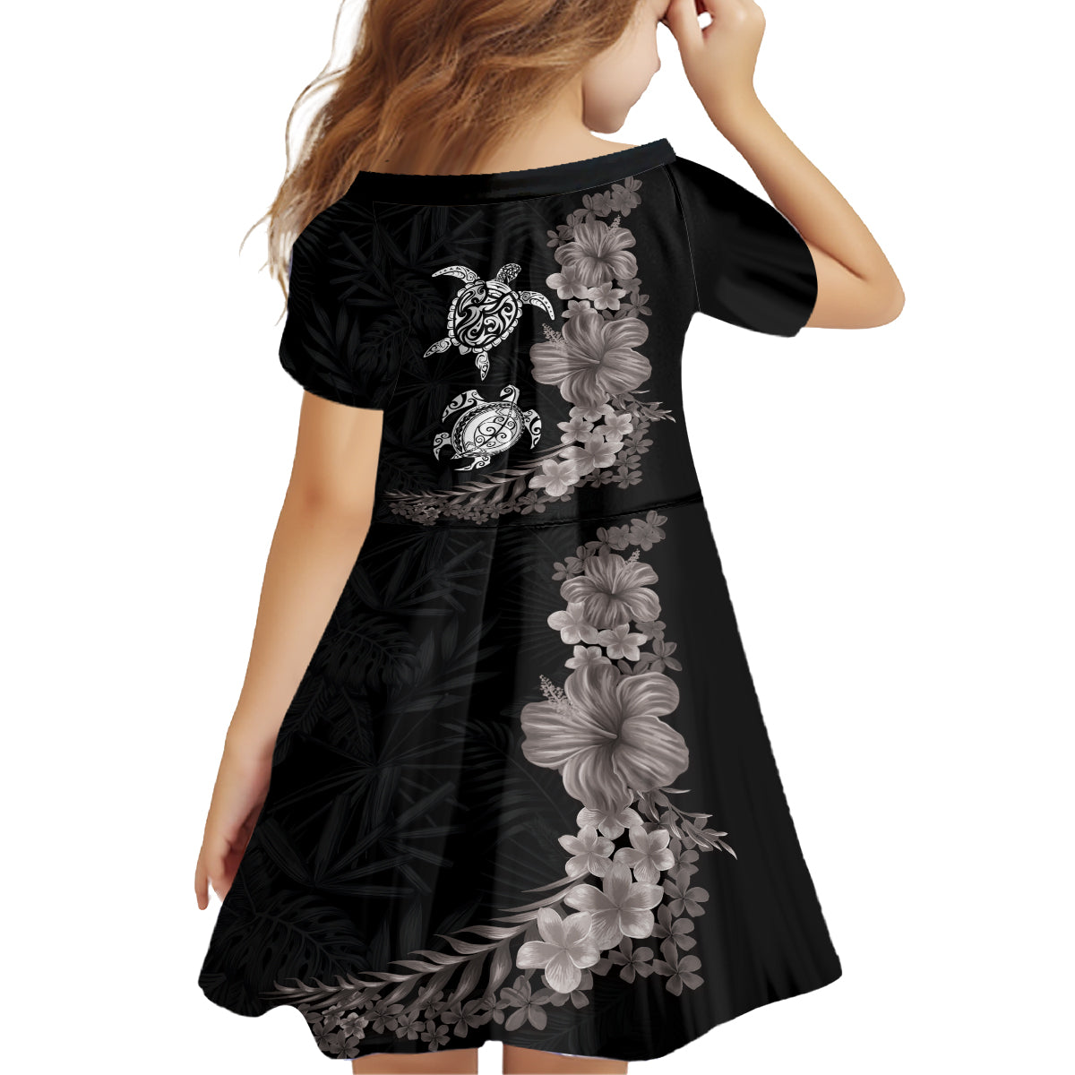Hawaiian Flower and Tribal Turtle Family Matching Off The Shoulder Long Sleeve Dress and Hawaiian Shirt Grayscale Mode