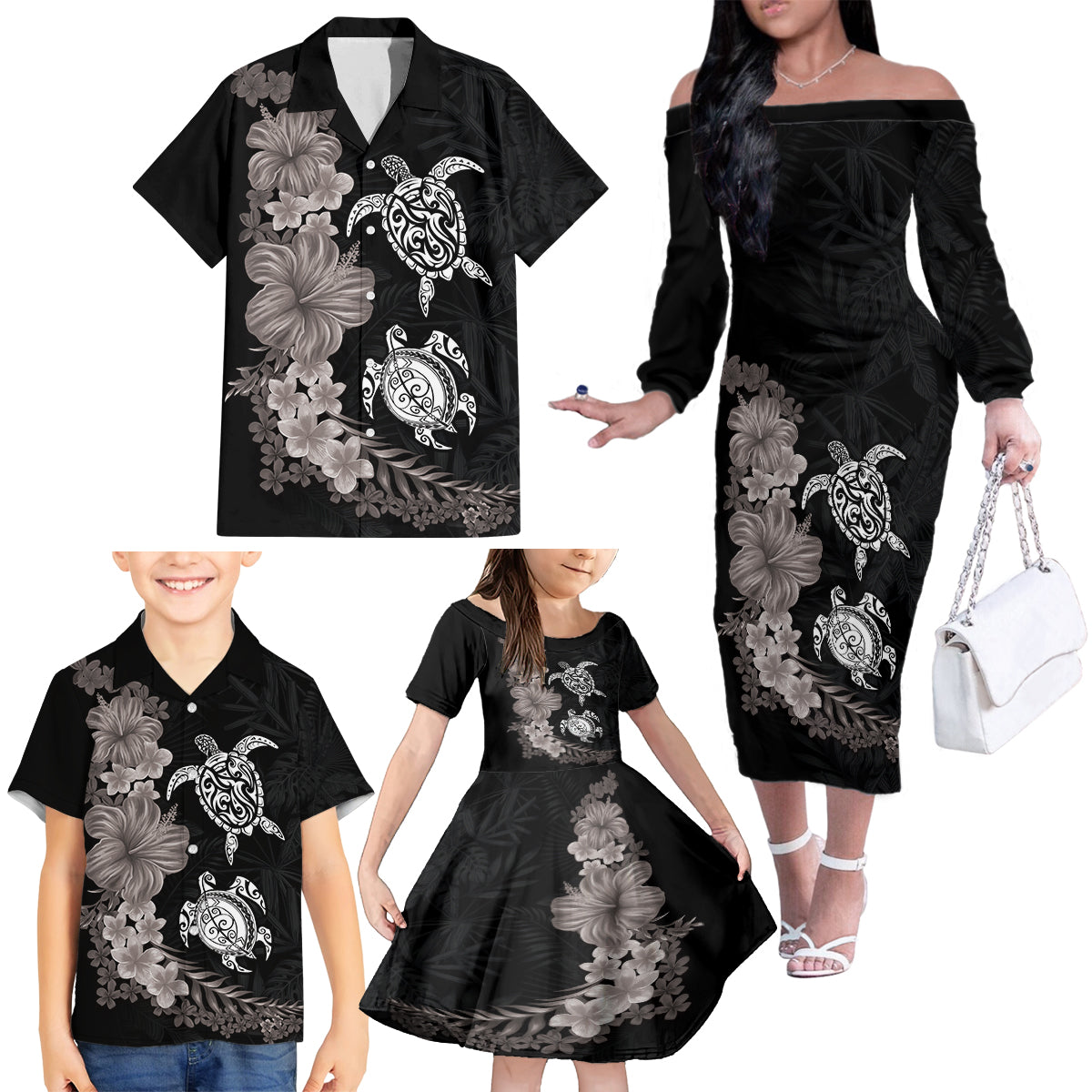 Hawaiian Flower and Tribal Turtle Family Matching Off The Shoulder Long Sleeve Dress and Hawaiian Shirt Grayscale Mode