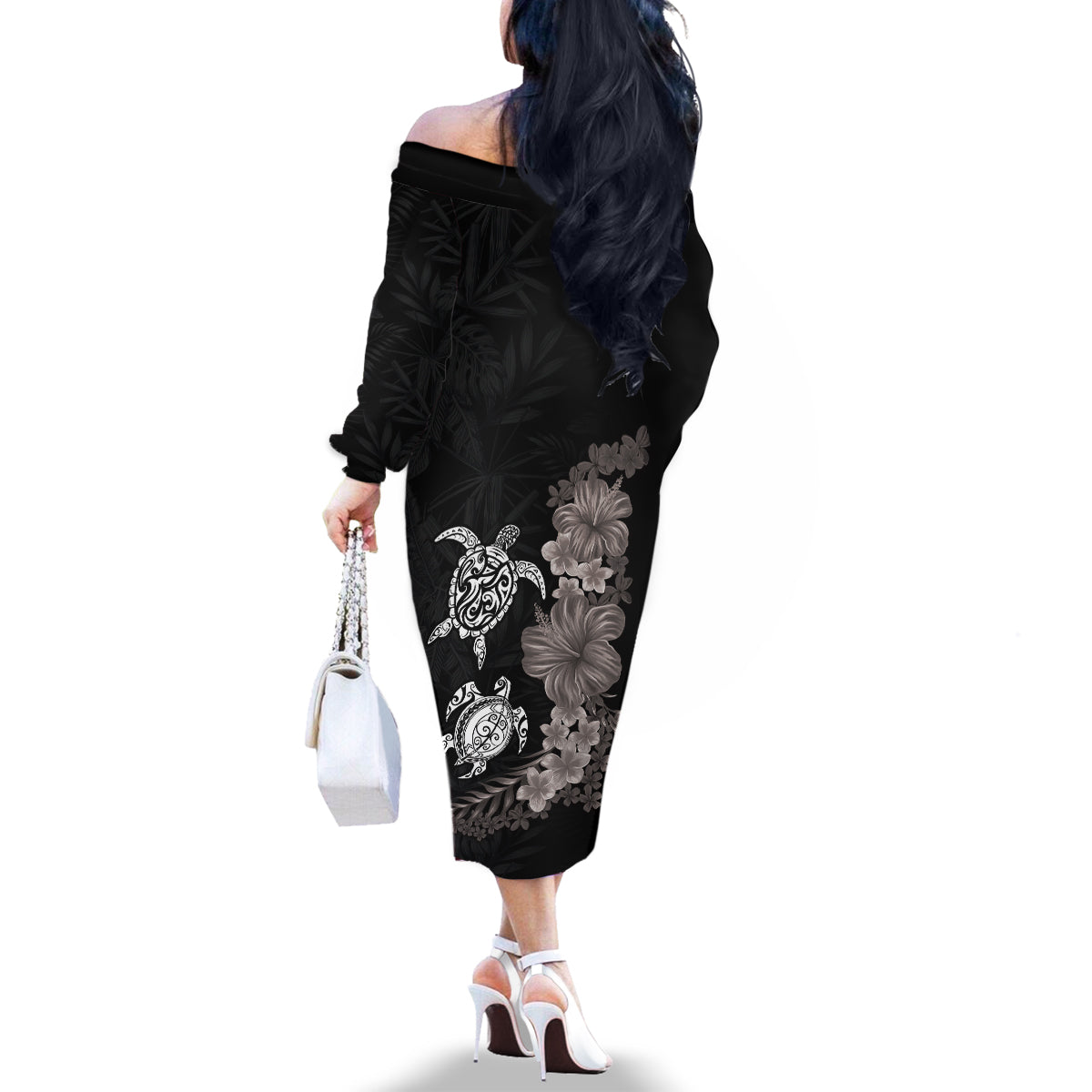 Hawaiian Flower and Tribal Turtle Family Matching Off The Shoulder Long Sleeve Dress and Hawaiian Shirt Grayscale Mode